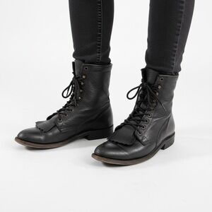 BOULET BLACK LEATHER FRINGE LACE UP BOOTS MEN 7.5